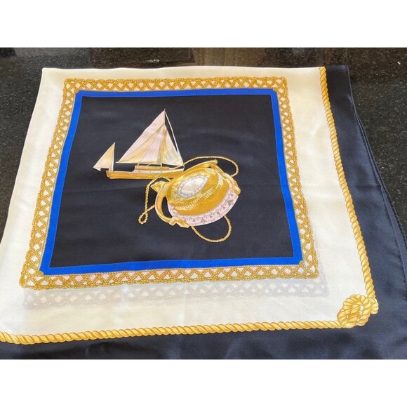 Vtg Liz Claiborne Scarf Multi-Color "Nautical Squares" With Gold Cord" Silk Silk - Picture 6 of 9